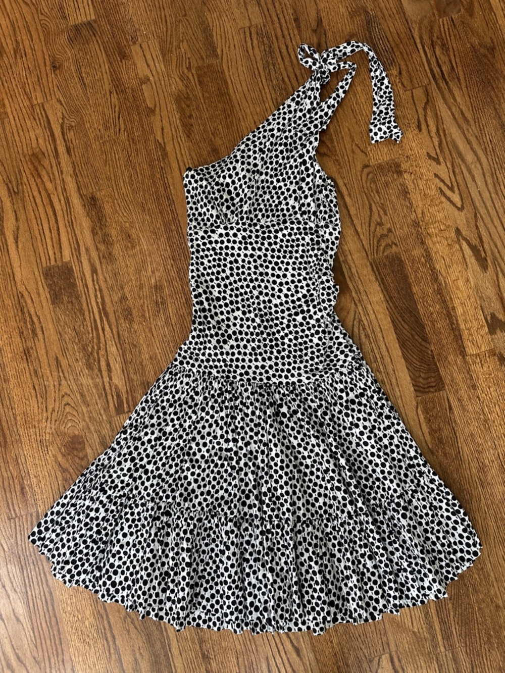 Diane Von Furstenberg Black and White Polka Dot One-Shoulder Tiered Dress